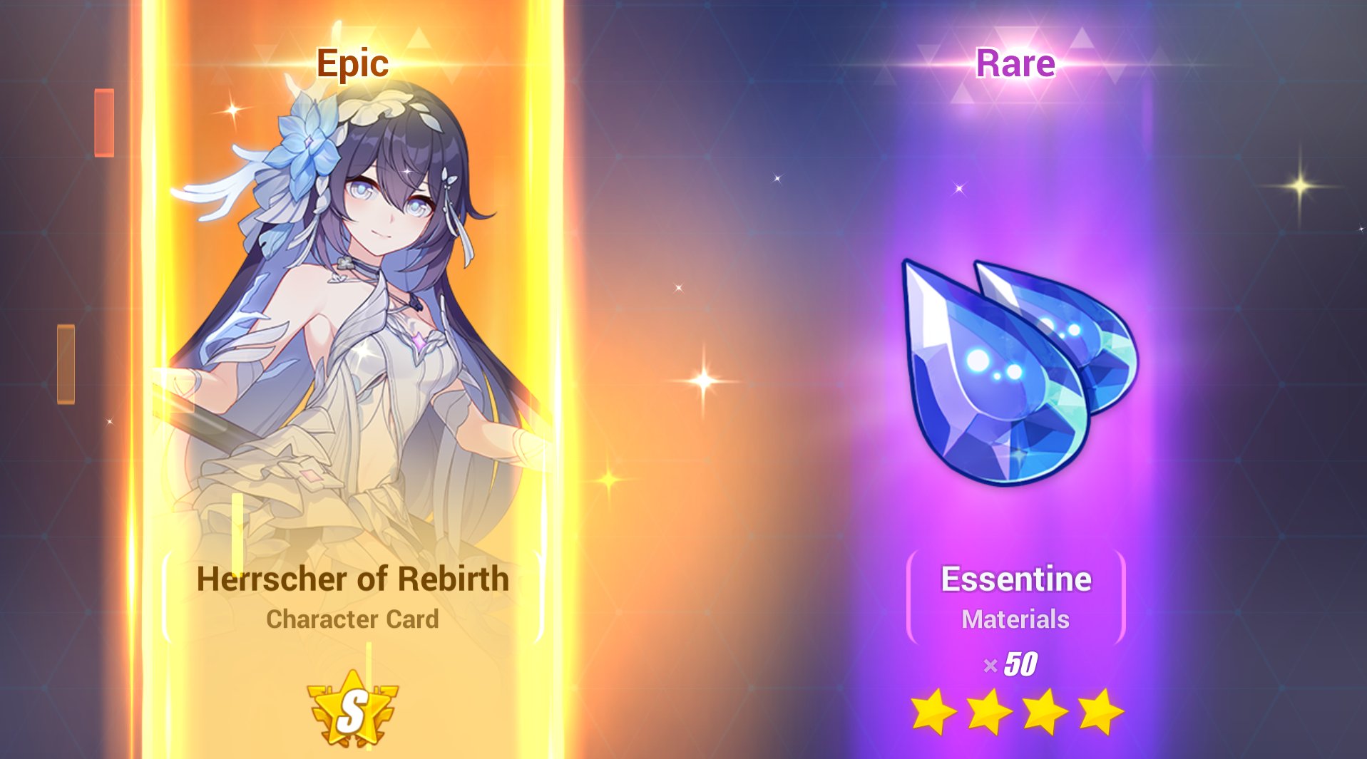 this is a screenshot from the gacha system in the game honkai impact 3rd, showing a rare drop of "essentine materials x50"  which is a rare material needed to upgrade equipment. the player has also pulled an epic character card "herrscher of rebirth", a powerful character in the game.