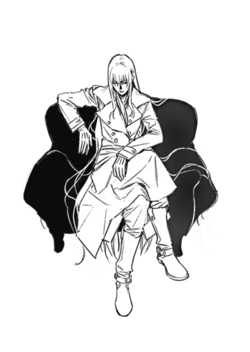 a black and white anime drawing of a girl with long hair sitting on a chair. she is wearing a long coat and boots. her expression is serious and she is looking down.