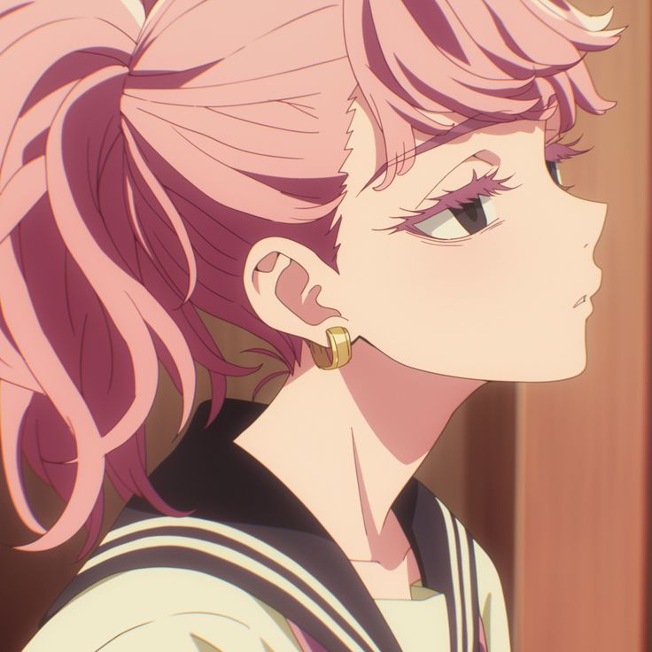 a closeup illustration of an animestyle girl with pink hair in a ponytail. she's wearing a sailorcollared school uniform and gold earrings.  her expression is pensive, and she is looking off to the side. the art style is soft and features subtle shading.