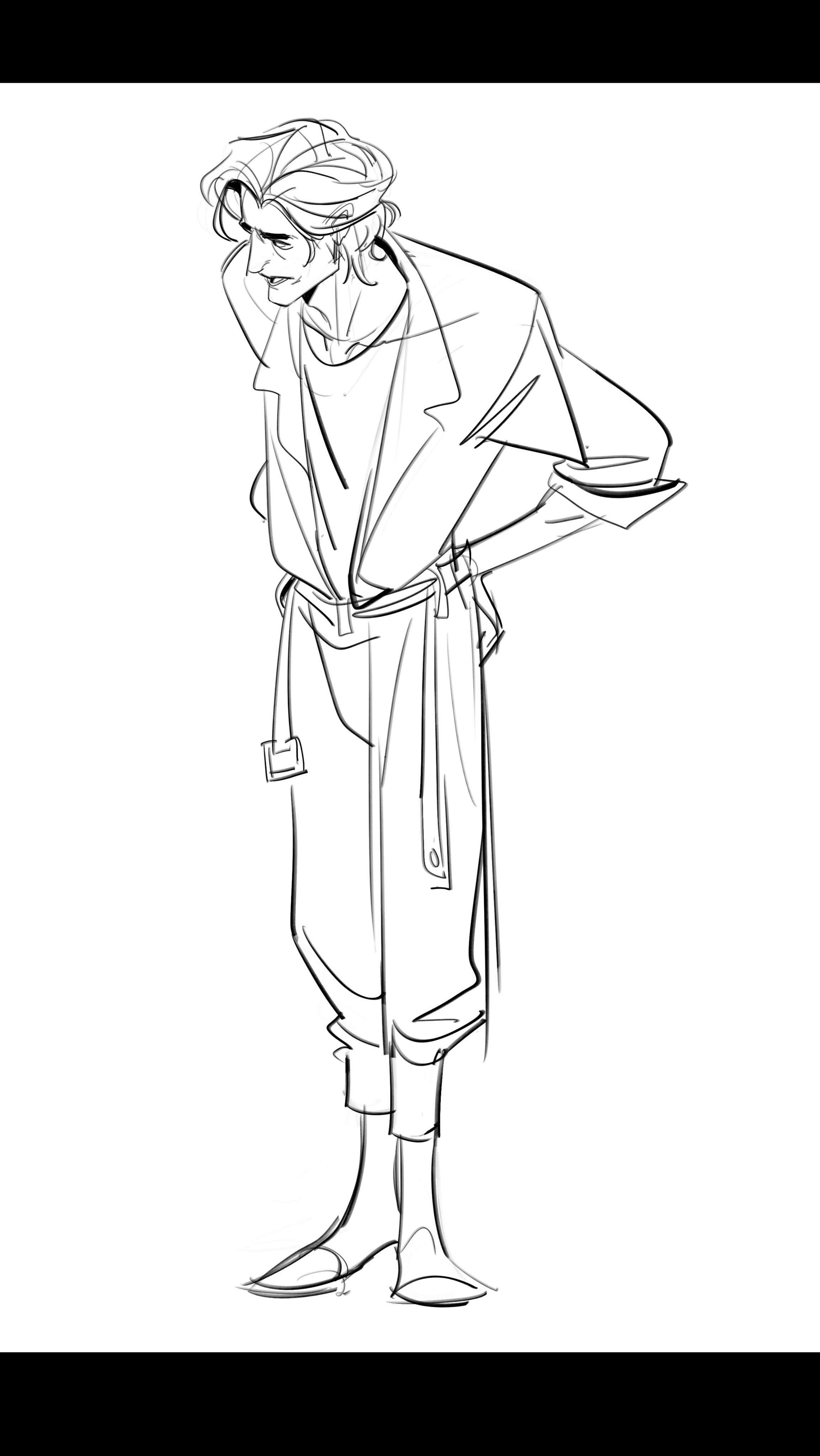 a line drawing of a man standing in a thoughtful pose. he is wearing a long coat or jacket with a belt, and pants that are gathered at the ankles. his hair is long and styled, and his expression is serious. the style of the drawing is loose and expressive, with a focus on capturing the character's posture and mood rather than precise detail.  the overall aesthetic is somewhat stylized and elegant.