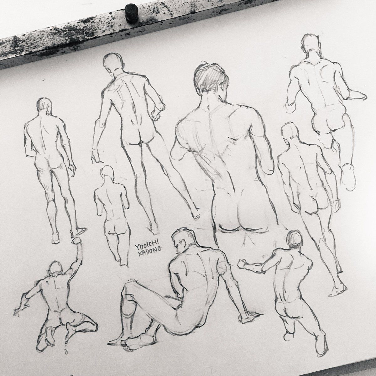 the image showcases a collection of quick sketches depicting the male back in various poses. rendered in pencil on white paper, the drawings highlight the musculature and skeletal structure from different viewpoints. some figures stand, others are captured midstride or in dynamic actions, offering a study of human anatomy and movement.