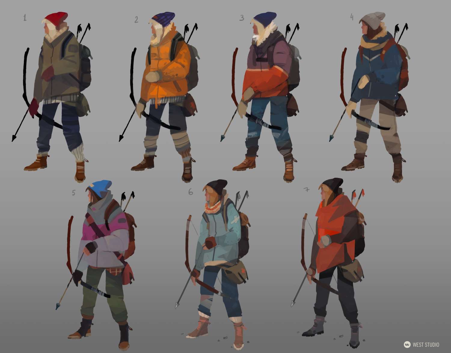 the image showcases seven different outfit variations for a female character. she is outfitted for a wintery environment and is carrying a bow and arrow.  the background is a neutral gray, and the overall style of the art is painterly.  the focus is on exploring different color combinations and layering of clothing for a potential video game or animation project.