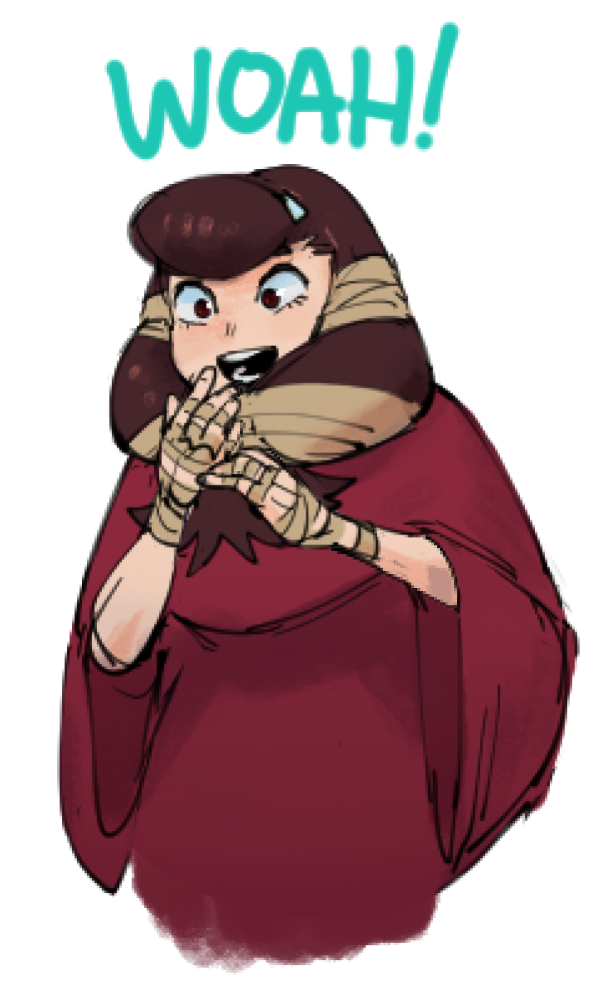 a woman in a red robe with brown and white wrap around her neck looks surprised, with her mouth open and both hands up, and a speech bubble above her with the word "woah" in it.