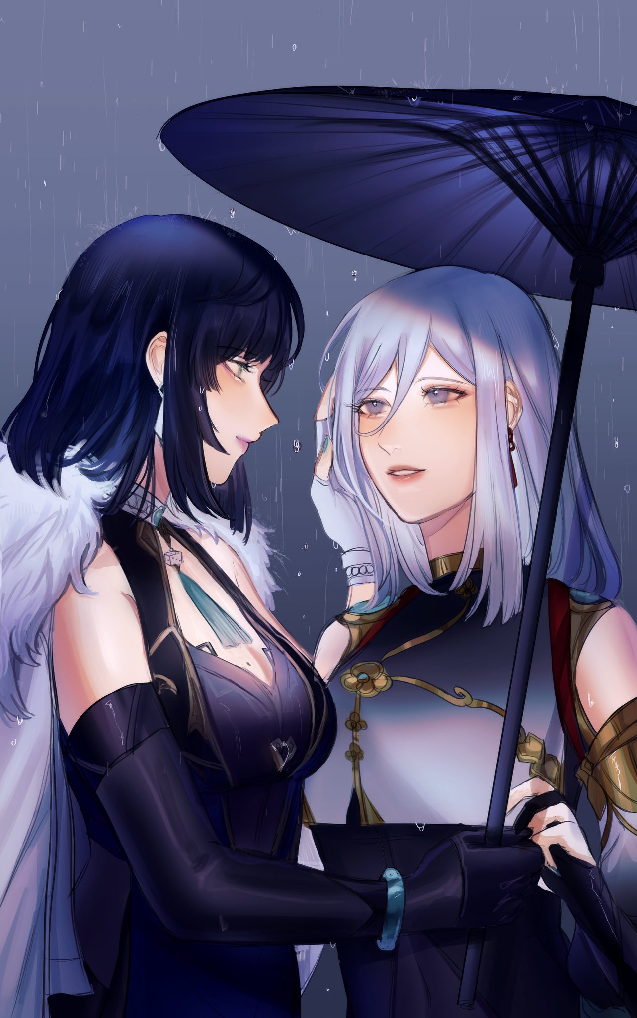the image depicts two anime girls standing together beneath a black umbrella in the rain. the girl on the left has black hair and is wearing a black dress with a teal gem, while the girl on the right has long white hair and is wearing a white dress with gold accents. they both appear to be looking at each other and smiling.  the image has an overall romantic tone, highlighting their close bond.