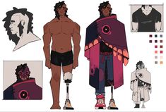 a character design sheet of an original character. there is a front view, side view, and a couple of closeups of the character's face. he is a darkskinned man with a prosthetic leg. he is wearing a black tank top, blue jeans, red and white sneakers, and a pink and black cape with a red circle design. he also has dreadlocks pulled back in a ponytail.