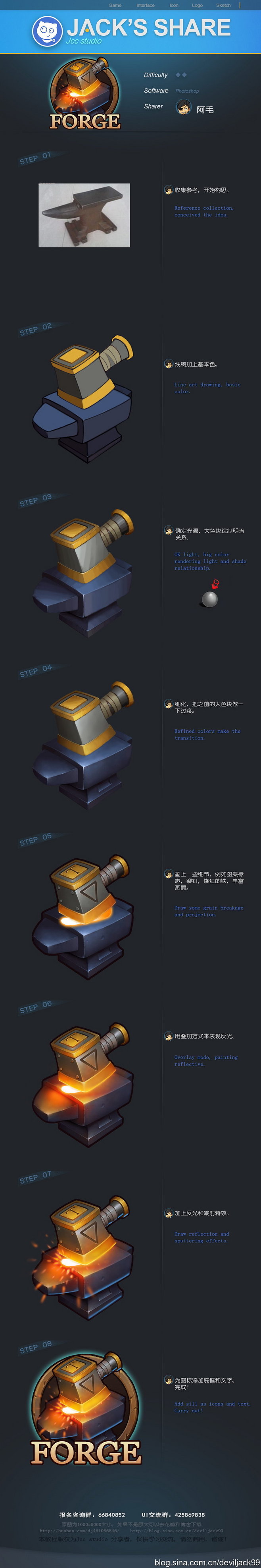 a vertical screenshot showcasing the upgrade progression of a "forge" item in a game ui. the forge icon starts as simple gray and evolves with each level, gaining more detail, glowing accents, and eventually erupting in flames at its peak level. the background is a dark blue, contrasting with the increasingly vibrant forge icon. each upgrade level is marked with a progress bar and likely accompanied by text descriptions (blurred in the image).