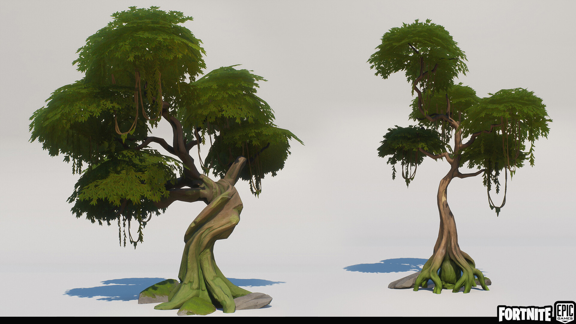 two different 3d model trees with large roots and vines hanging down. they appear to be assets for a video game, possibly fortnite.