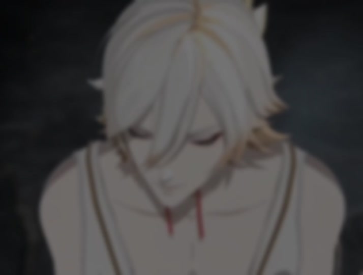 an anime character with long white hair and white clothing is standing in a dark background with a red blood stain on their chest and they appear to be distressed.