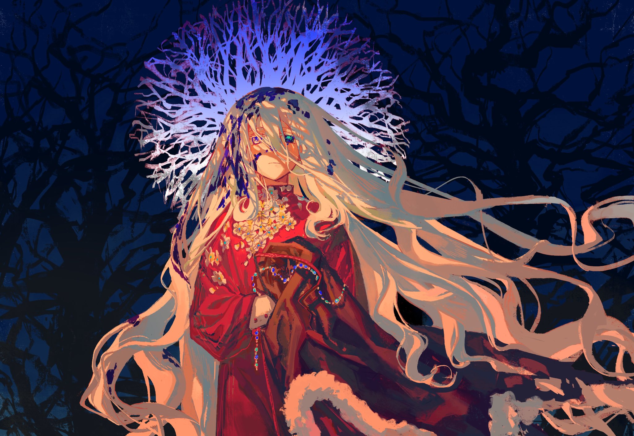 this is a digital painting of an anime girl with long white hair,  wearing a red ornate dress with blue and gold jewelry. she has blue eyes and is standing in a dark forest with branches behind her,  it looks like the branches are some sort of crown.  the art style is very stylized and painterly.  this artwork has a mysterious and magical feel.
