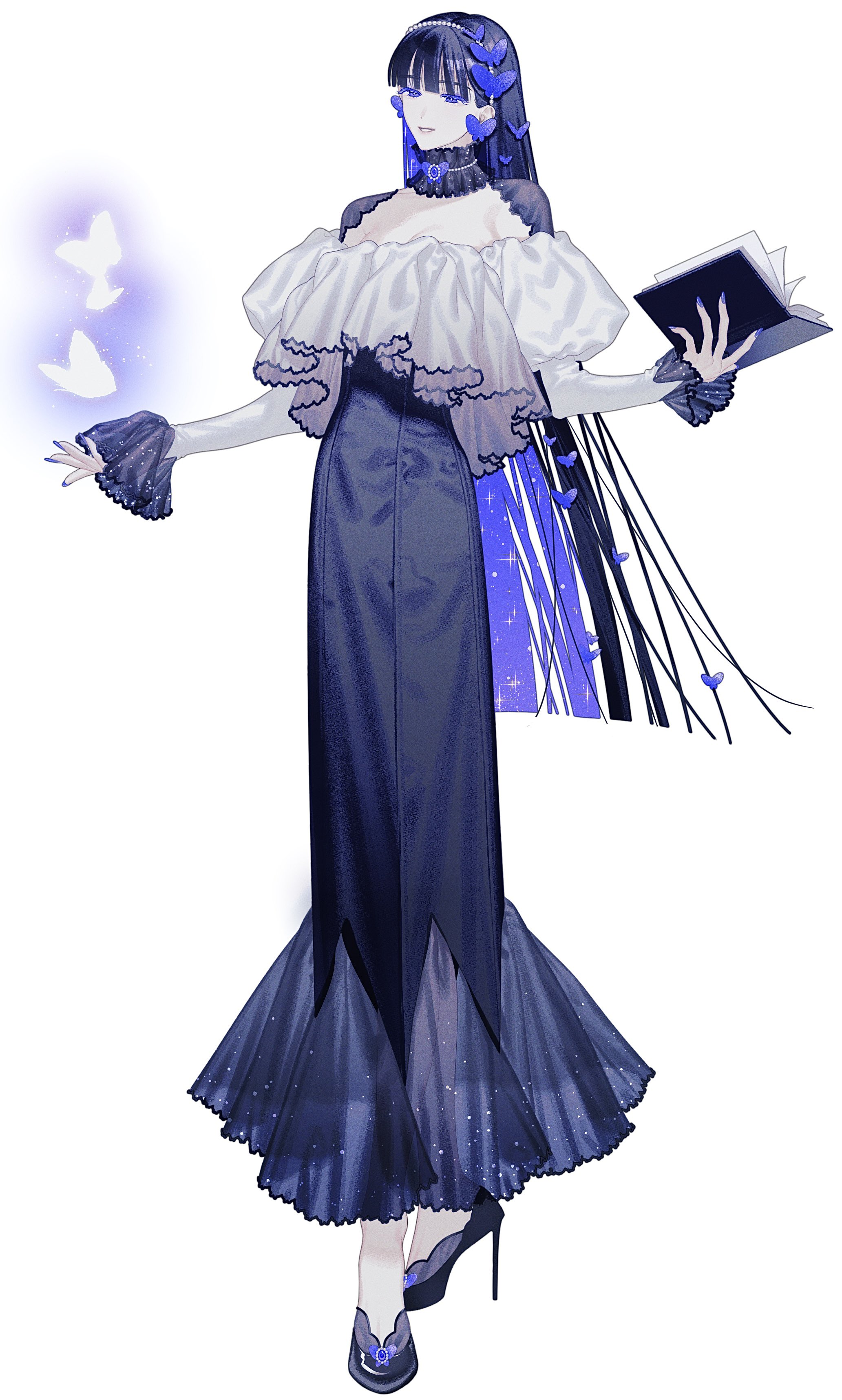 the image showcases a fullbody illustration of an animestyle female character. she possesses long, dark hair adorned with small, blue butterflylike accessories, and her attire consists of a sophisticated, long dark blue gown with a white offshoulder ruffled top. the dress features a layered skirt and lace detailing. the character is depicted with fair skin, dark eyes, and a calm, confident expression. she holds a darkcolored book in one hand, and the other hand displays ethereal, translucent, glowing blue butterflies.  the overall aesthetic is elegant, mysterious, and subtly gothic, with an ethereal quality enhanced by the butterflies and soft color palette. the character exudes a magical or sorceresslike presence. she is wearing highheeled shoes. the background is plain white, drawing all attention to the figure.