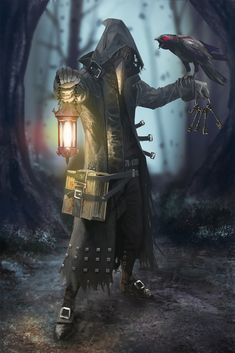 a plague doctor stands in a dark forest, illuminated by a lantern he holds. he wears a long, dark coat and a beaked mask. a raven perches on his other hand, clutching a ring of keys. the scene is atmospheric and eerie.