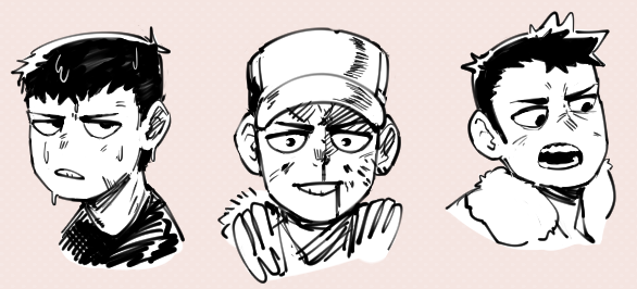 this image shows three cartoon boys with different expressions. the boy on the left looks scared or sad with his mouth open. the boy in the middle is smiling and happy with some scars around his eye. the boy on the right is surprised or scared, maybe angry, with his mouth open.