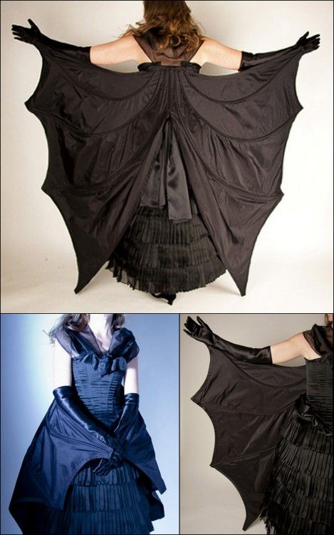 a woman is wearing a stunning black batwing dress. the dress has a fitted bodice and a flowing skirt with layers of ruffles. the wings are large and dramatic, creating a stunning silhouette. the woman is looking off to the side and her expression is mysterious and alluring.