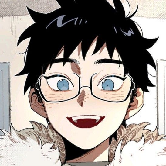 the image shows a frontal portrait of a young man drawn in a manga style. the character has short, messy black hair and is wearing round, darkrimmed glasses. he sports a mischievous smirk, revealing a set of sharp fangs. the character is dressed for winter in a fluffy, furtrimmed collar. the lighting is soft and the overall color palette is muted, with a focus on black, white, and shades of gray.