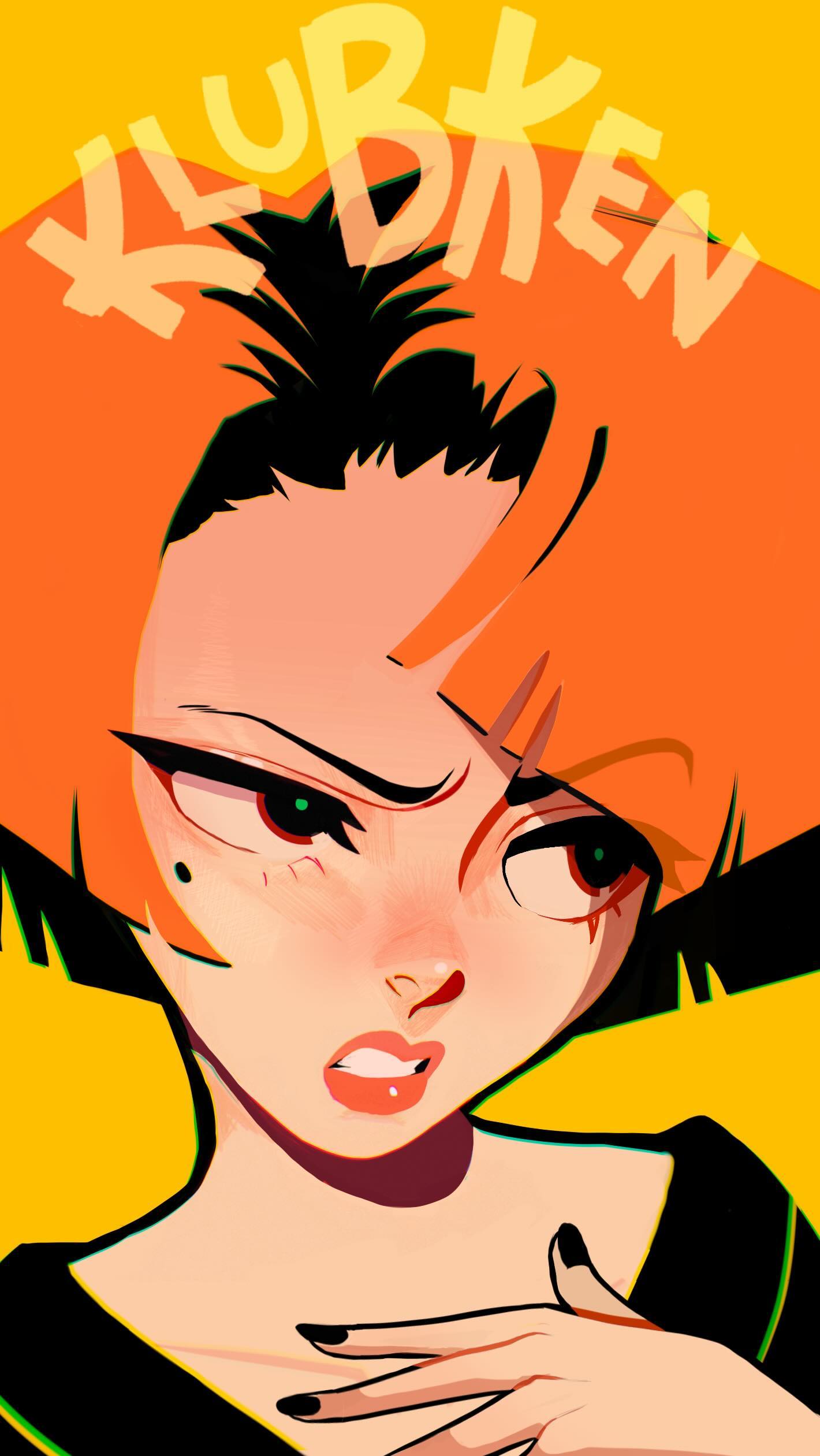 the image is a stylized digital illustration of a young woman with short, bright orange hair. she has a strong, expressive face and dark eyes that convey a sense of seriousness or slight annoyance. her black clothing contrasts sharply with her vibrant hair and the bright yellow background. the word "klubben" is overlaid on the image, suggesting a possible connection to a club or group.  the art style is reminiscent of anime or manga, featuring bold lines, flat shading, and a pop artlike aesthetic. the overall tone is bold and eyecatching due to the vibrant colors and strong lines.