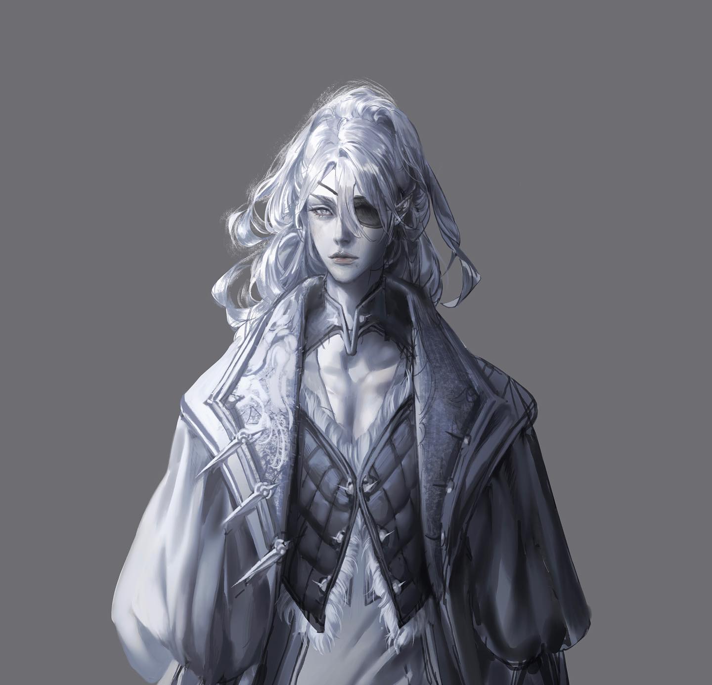 the image showcases a male elf with long, flowing white hair and an eyepatch covering his right eye.  he is garbed in intricate fantasy attire, featuring a combination of dark armor plating and a flowing white garment underneath. the armor is detailed with buckles and straps, hinting at its practicality.  the overall color scheme is monochromatic, utilizing varying shades of gray and white to create a sense of depth and detail.