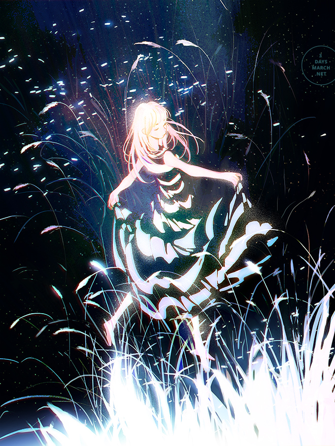 a young anime girl with long blonde hair dances in a field of tall grass at night. the grass glows with an otherworldly light, illuminating the girl and her flowing white and blue dress. the scene evokes a sense of magic and wonder.
