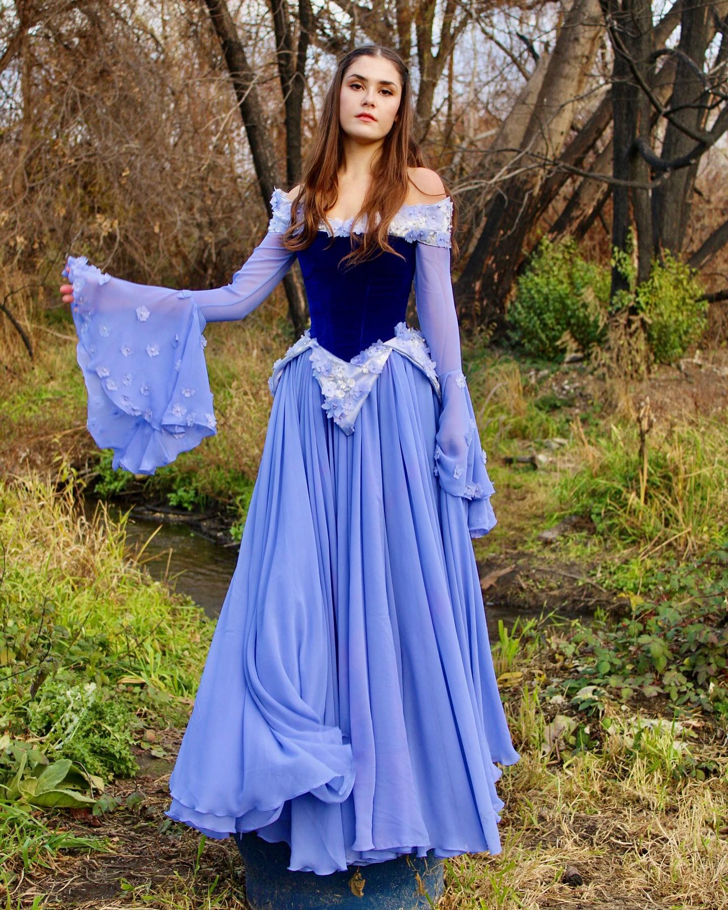 a young woman with long brown hair is standing in a forest setting, wearing a stunning, elaborate gown.  the dress is primarily a light periwinkle blue chiffon with a deep blue velvet bodice. it features offtheshoulder sleeves with delicate, flowerlike details and a full, flowing skirt. the overall style evokes a fairytale or renaissance princess, reminiscent of a sleeping beauty costume. the background is a natural setting with trees and foliage, which adds to the dreamy atmosphere of the photograph. the model poses gracefully, showcasing the intricate details and elegance of the dress.