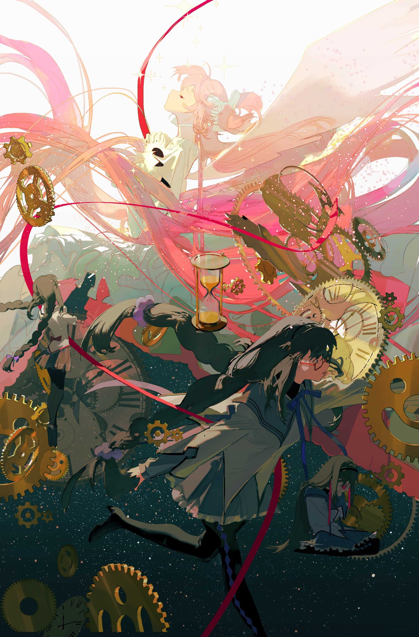 the image is a vibrant and colorful illustration of two anime girls in magical girl attire, set against a backdrop of stars and space.  one girl, with pink hair and wings, is positioned in the upper portion of the image, her body contorted in a whimsical manner, and her eyes closed. she appears to be holding a small clock face in her hand.   the other girl, whose hair is black, has a more realistic pose. she appears to be floating in space,  holding an hourglass, and is looking to the side. her outfit is primarily black and white, with blue accents. the image is dominated by a multitude of cogs, gears, and clock faces, which suggest a sense of time and machinery, a theme typical of anime series such as magical girl madoka magica. the overall effect is one of whimsy and magic, combined with a touch of melancholy.  the image uses vivid colors, particularly the pink and red of the first girl's hair and wings.  the use of light and shadow creates a sense of depth, drawing the viewer's eye through the intricate details of the image.