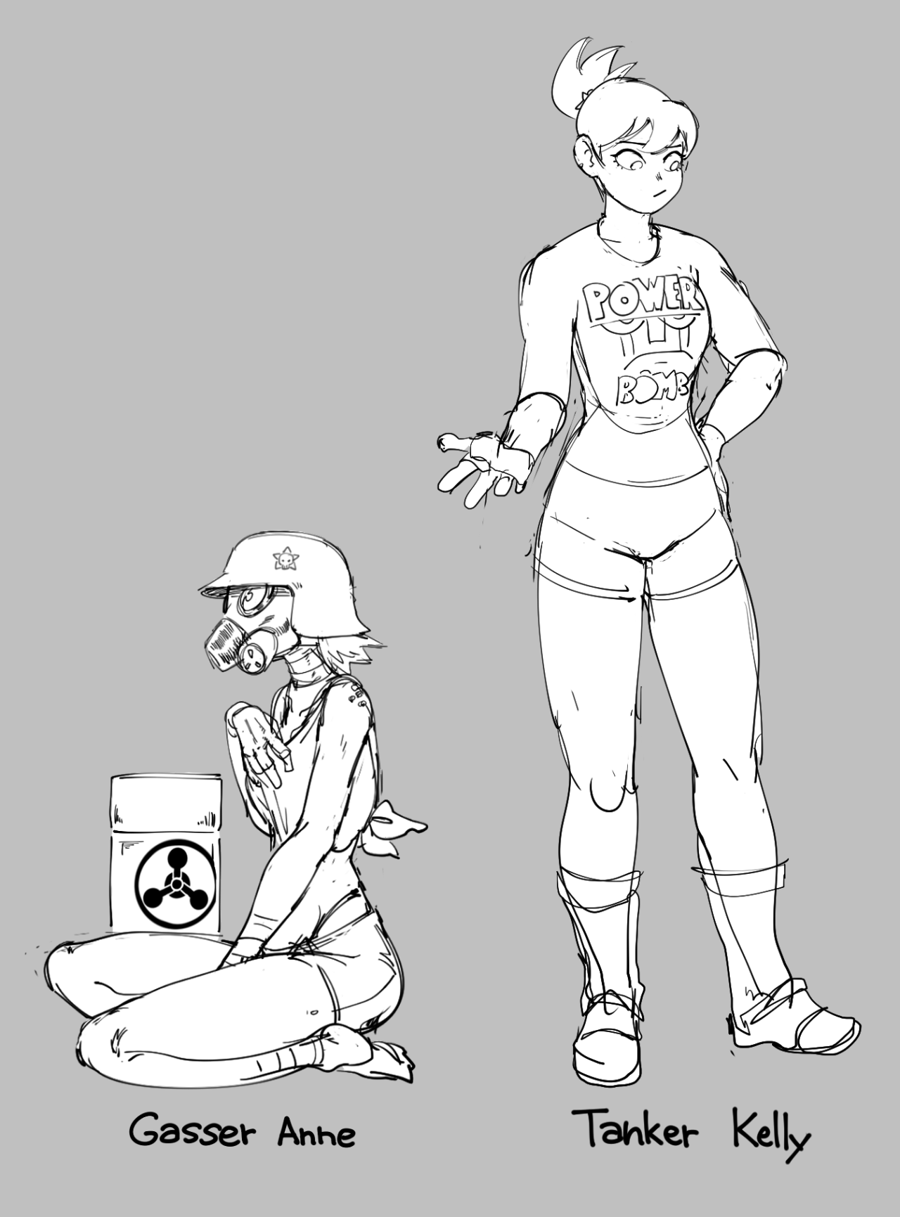 this is a sketch of two female characters. the one on the left is wearing a gas mask and helmet and appears to be some sort of soldier. the one on the right is wearing a tshirt that says power up bomb and appears to be a more casual character. both characters are wearing shorts and boots. they are both drawn in a simple, sketchy style. the character on the right is pointing at something, possibly the one on the left. the character on the left seems to be holding a container in her hands.