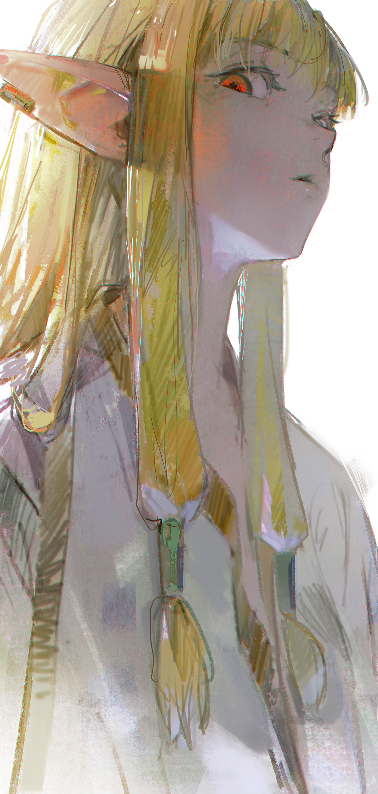a digital illustration of a young woman with long blonde hair and red eyes, dressed in a white dress. she has pointed ears and looks away from the viewer with a soft, wistful expression. the art style is whimsical and ethereal, with soft colors and a dreamy atmosphere. the background is a simple white space, making the figure stand out and be the focal point. the artwork has a dreamy and whimsical quality, making it feel magical and enchanting.