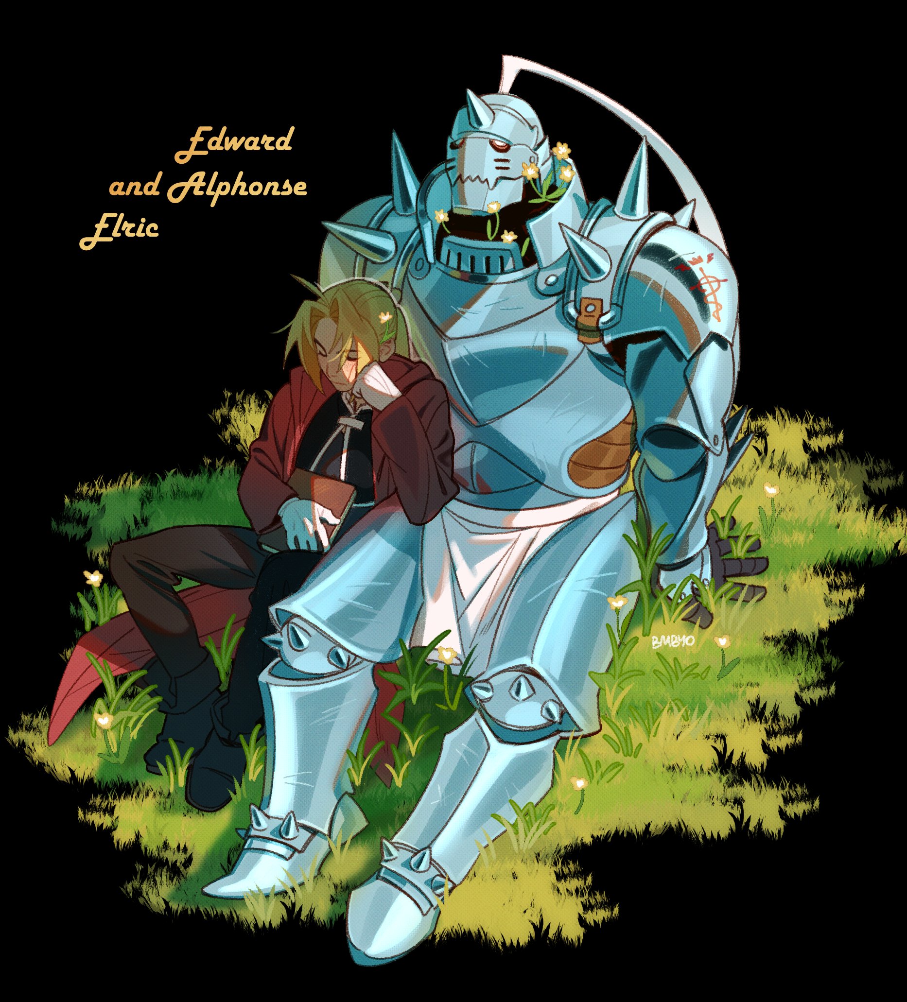 the illustration is fanart depicting edward and alphonse elric from the anime and manga series fullmetal alchemist. edward, with his signature blond hair, is shown sitting somewhat slumped against alphonse, whose body is primarily composed of his large suit of armor. they are both resting in a grassy area dotted with small white flowers. edward is holding a book, seeming relaxed. alphonse's armor is detailed and appears weathered. the overall style is soft, with warm lighting, evoking a calm and intimate moment between the brothers.  the piece is digitally painted, with a style that blends anime elements with a softer, more painterly approach.  a title in the upper left corner reads "edward and alphonse elric".