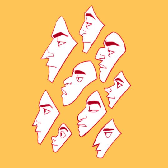 the image is a cartoonstyle illustration with several faces shown in profile. the faces are white outlines with minimal details, set against an orange background. each face has a distinct shape and expression, and they are arranged in a cluster. the style is simplistic and graphic.
