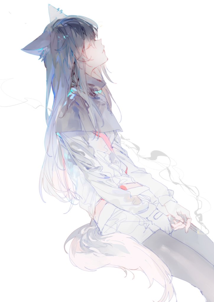 an anime girl with wolf ears and a fluffy tail is looking up. she has long, flowing hair and is wearing a white jacket and thighhigh socks. the image has a light, airy feel.