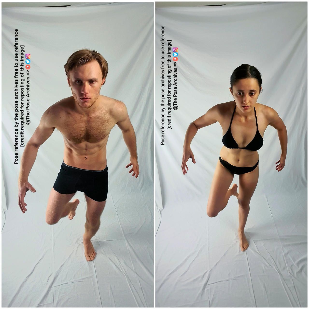 a split image showcasing a male and female model in a similar dynamic pose against a plain white backdrop. they are both barefoot with one leg extended forward and arms outstretched, suggesting a sense of action or readiness. the male is wearing black boxer briefs and the female a black bikini top and bottom.  the images are intended as references for artists.