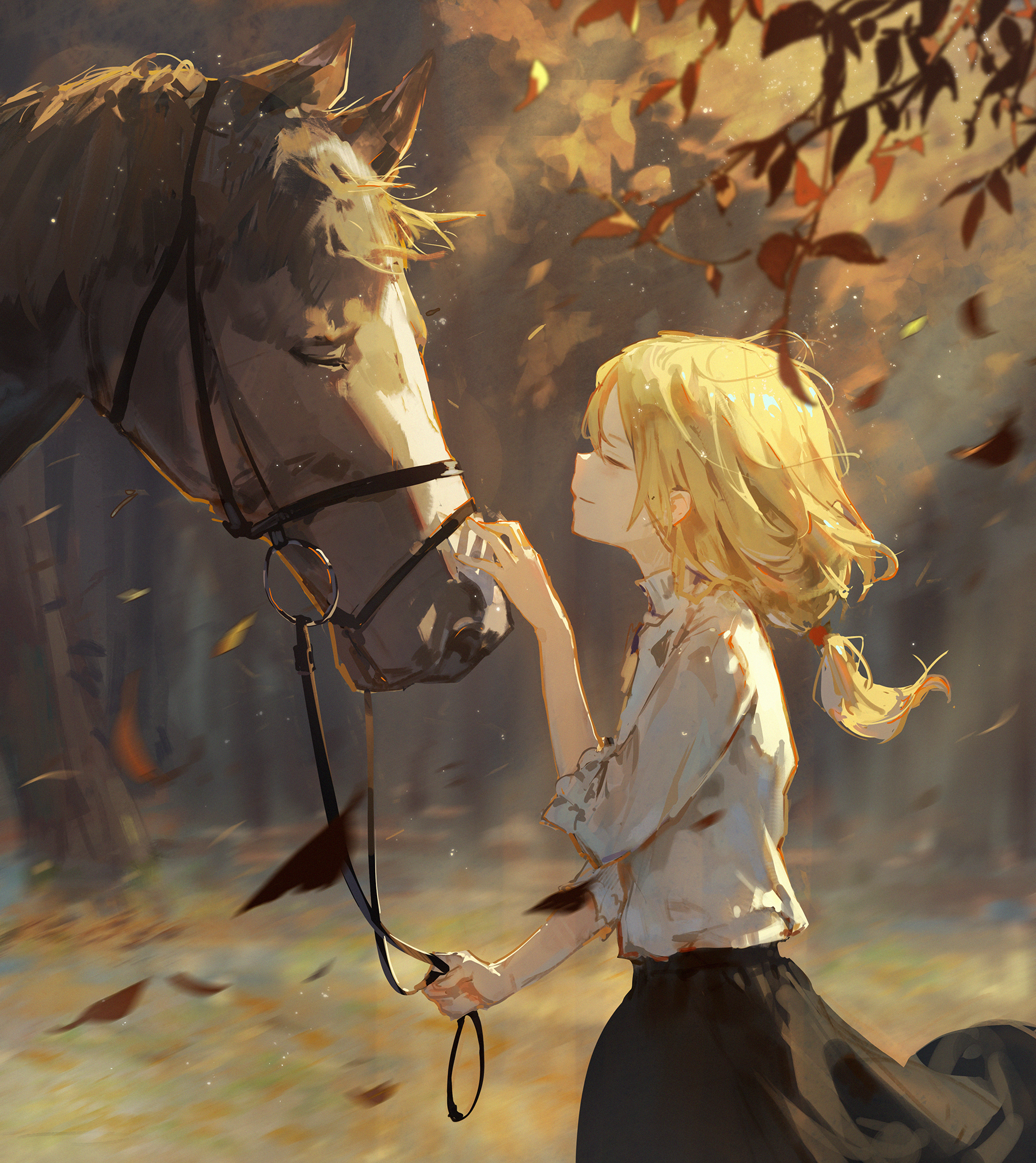 the artwork depicts a young anime girl with long blonde hair, styled in a ponytail, gently interacting with a dark brown horse in an autumnal forest.  the girl, wearing a loose, lightcolored shirt and a dark skirt, is softly touching the horse's face.  fallen leaves scatter around them, and dappled sunlight filters through the trees, creating a warm, serene atmosphere. the overall style is painterly and whimsical, evoking a sense of peace and connection between the girl and the horse. the details are soft and slightly blurred, adding to the dreamy quality of the image. the horse is wearing a bridle, and the girl holds the reins. the scene is idyllic and suggests a strong bond between the girl and the animal.