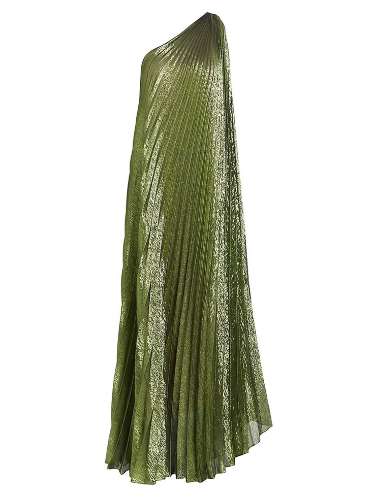 a long, green, shimmering, pleated gown with a oneshoulder design.