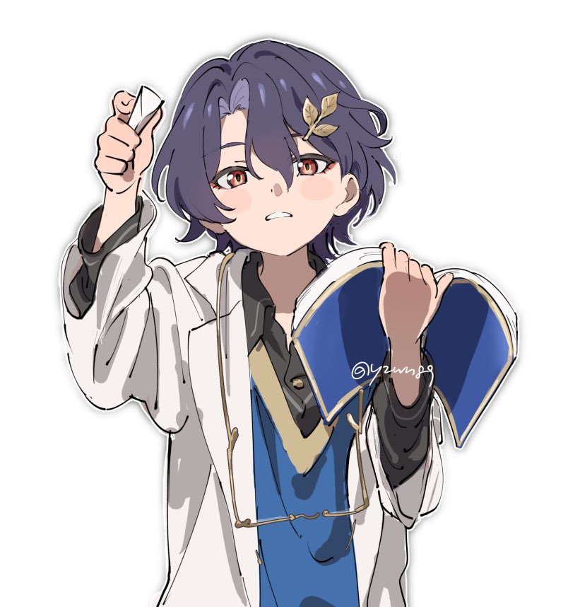 he image is a digital drawing or fanart of a young anime boy. he has purple hair with a small leafshaped accessory, and his expression is slightly surprised or curious. he's wearing a white lab coat over a blue shirt, and he's holding a book and a piece of paper. the art style is soft and slightly chibilike.  the background is plain white.