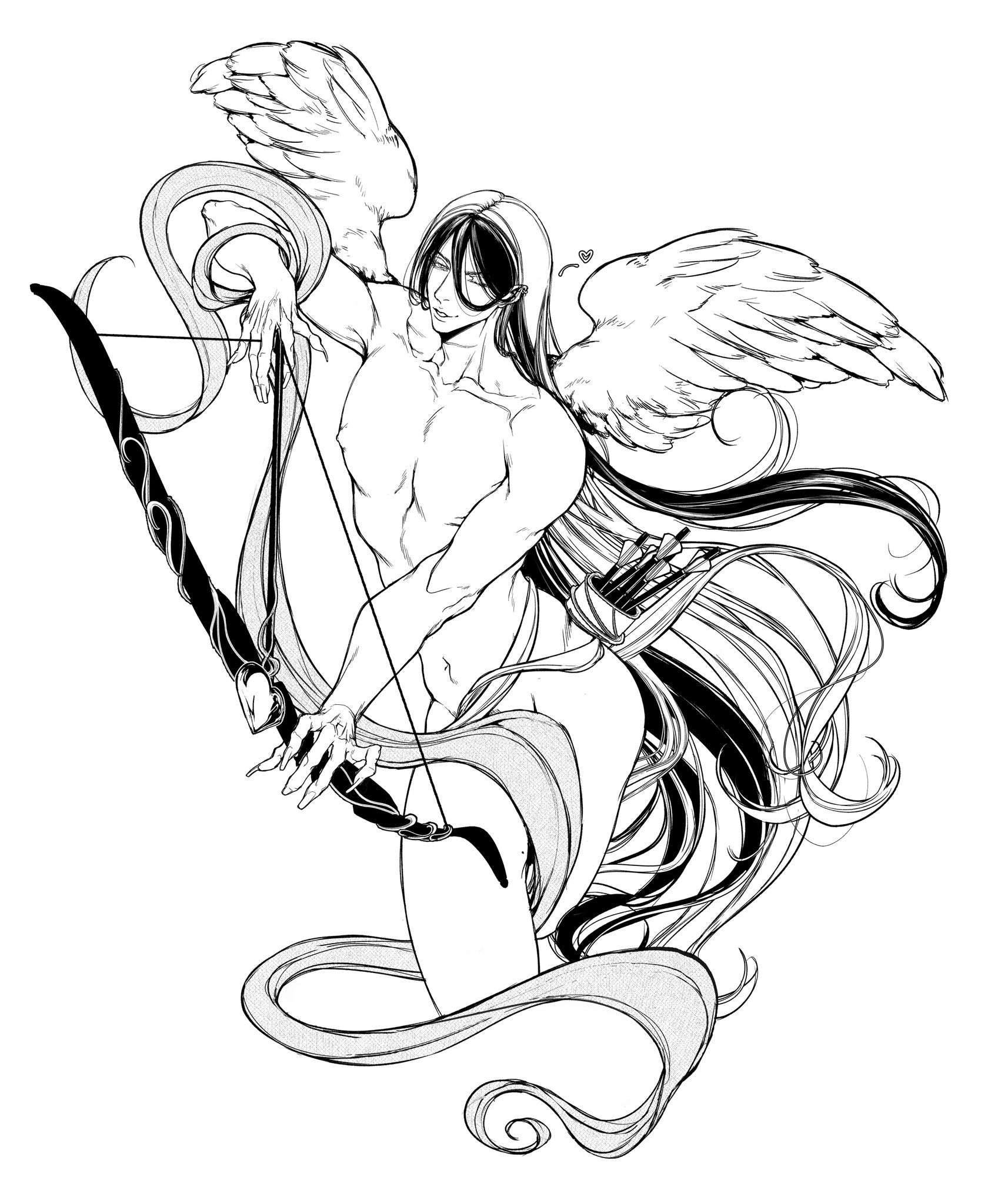 a black and white illustration of a male angel with wings outstretched. the angel has long flowing hair and is holding a bow and arrow. the drawing is detailed and intricate, with a focus on the angel's form and expression.  it appears to be a romantic illustration, and the figure is most likely cupid, the god of love.