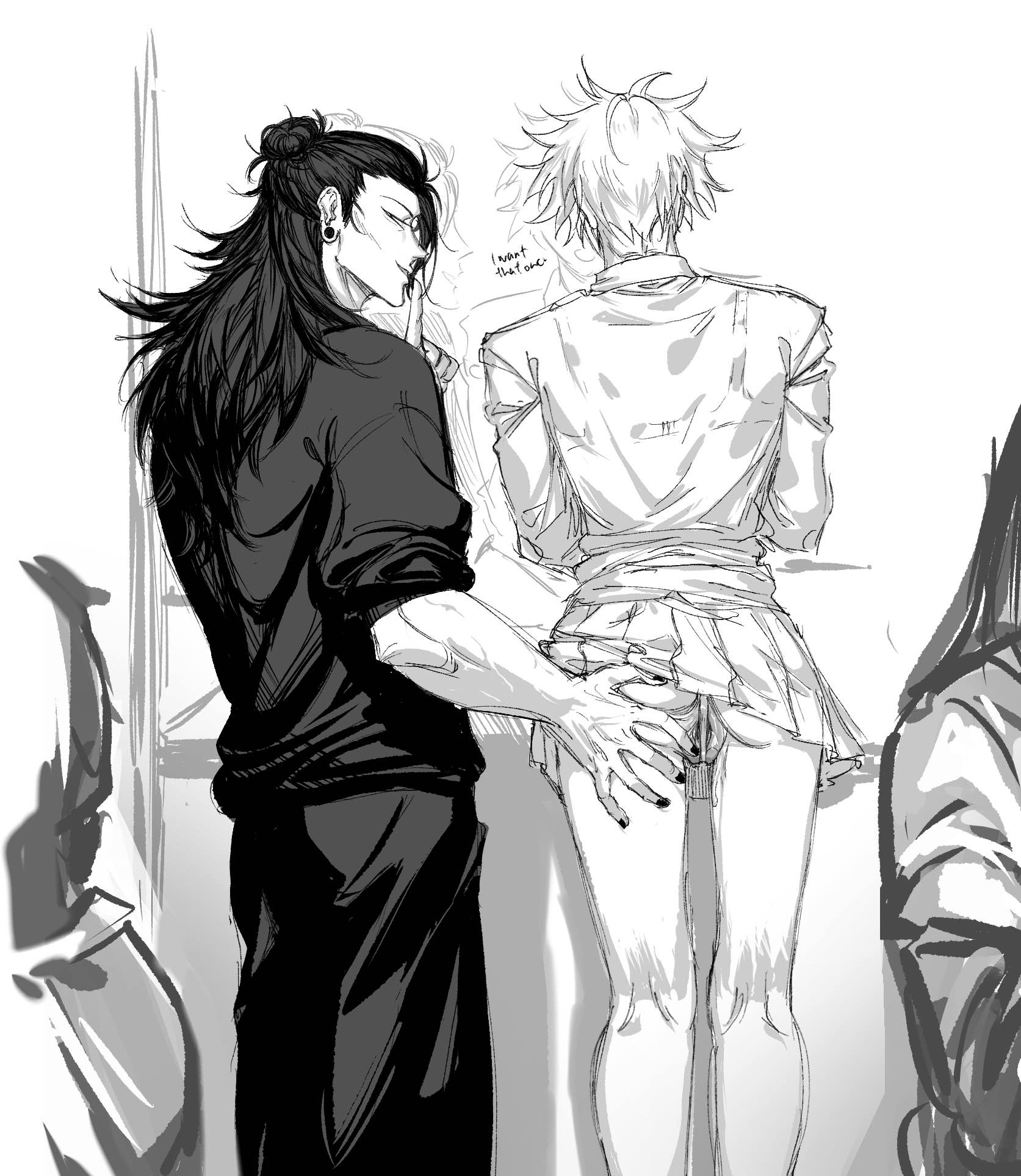 the image is a monochrome (black and white) mangastyle illustration depicting two male characters.  one character has long black hair tied up in a bun and is dressed in dark clothing. the other has short, spiky blond hair and is wearing a lightcolored, pleated school uniformstyle skirt and top. the character with long hair has his hand on the other character's buttocks in a suggestive manner. the background is simple and uncluttered, focusing the attention on the interaction between the two figures. the style is sketchy and loose, lending to a raw and intimate feel.  a small speech bubble near the blond character suggests a whispered comment. the overall mood is suggestive and romantic, leaning towards the yaoi (boys' love) genre.