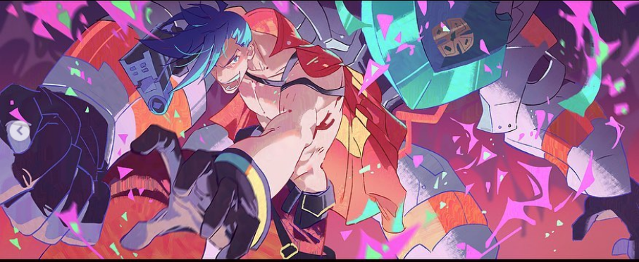 this is a digital art of a male anime character with bright blue hair and red eyes. he's wearing a red shirt, red and orange pants, and black gloves, with one hand reaching out. he's fighting with another, unseen character. the background is filled with abstract, colorful shapes.