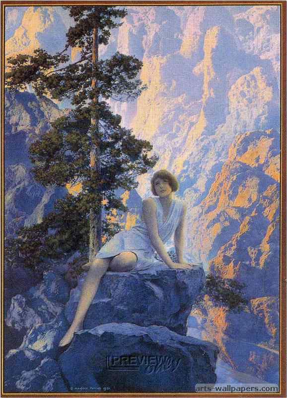 this vintage artwork features a woman sitting on a rock overlooking a majestic mountain range. the woman is dressed in a white gown and has her hair pulled back from her face. the mountains are a deep blue and purple color, and the sky is a vibrant orange and yellow. the image is filled with light and warmth, and the woman's peaceful expression suggests a sense of tranquility. the artwork is a beautiful representation of the majesty of nature and the beauty of the human spirit.