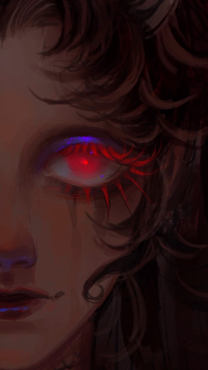 the image is a digital painting or illustration of a woman's face, focusing on her eyes.  the style is dark and moody, with a fantasy or mystical feel. her eyes are a striking red, glowing slightly, with long, spiky lashes in a reddishorange hue.  the lighting is dramatic, highlighting the eyes and face while leaving much of the background in shadow. her hair is dark and curly, framing her face. the overall aesthetic is intense and somewhat unsettling, conveying a sense of mystery or otherworldly presence. the artist's style is characterized by painterly strokes and a balance of soft and sharp details.