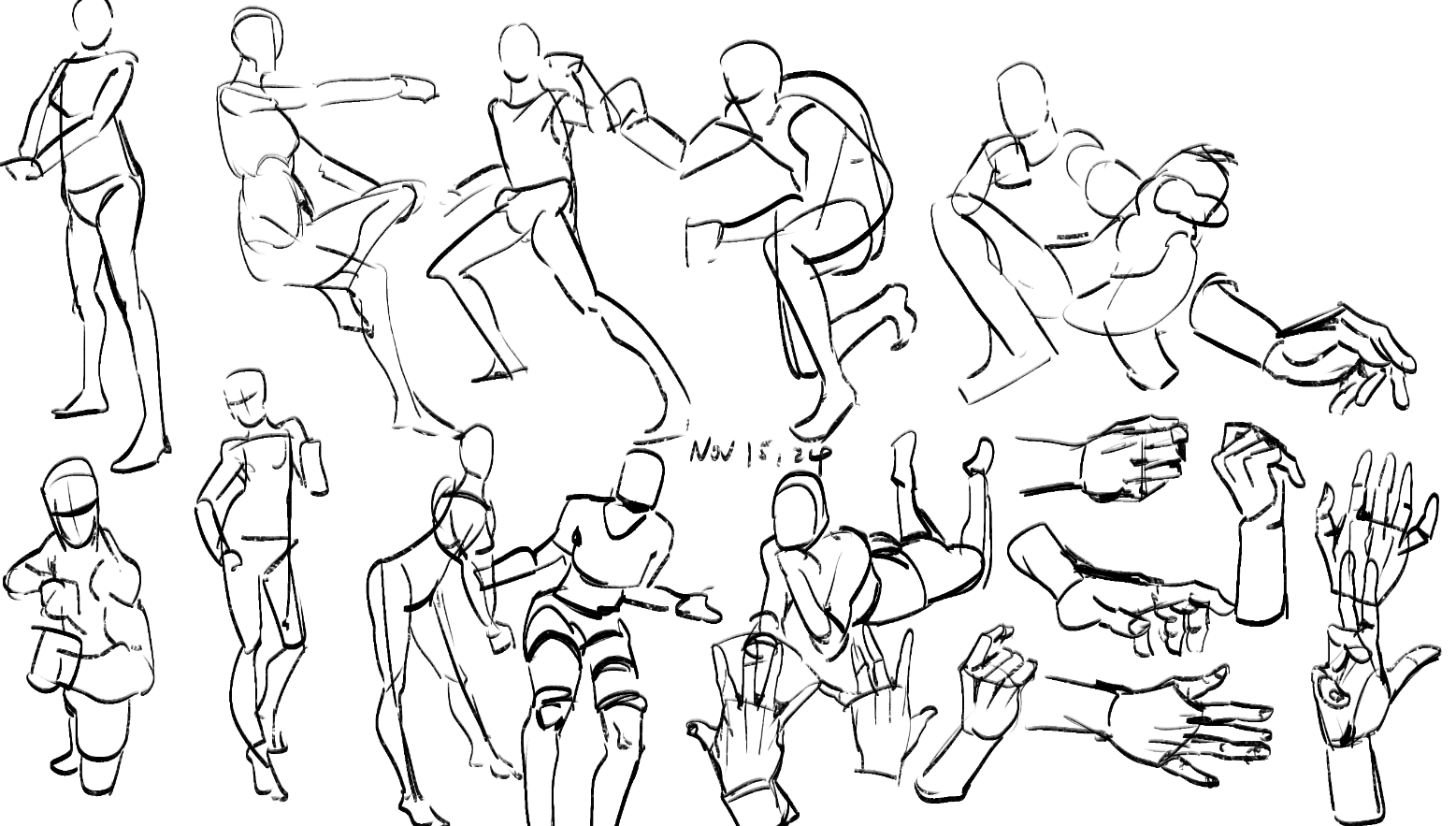 he image contains a collection of quick sketches and gesture drawings of human figures and hands. the style is loose and expressive, focusing on capturing movement and form rather than precise detail.  various poses are depicted, ranging from dynamic action poses to more relaxed postures.  the date "nov 15, 2024" is visible in the center of the page. the drawings are all done in black ink on a white background.  the emphasis is clearly on capturing the essence of human anatomy and movement through a series of studies.