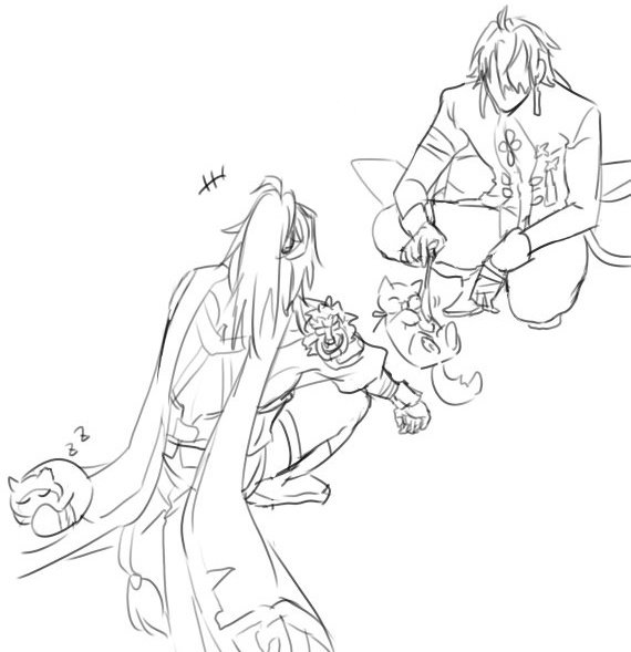this is a line drawing of two characters. one character is a woman with long hair and is sitting down holding a pig while the other character is a man standing with short hair and holding a piece of food. they are both smiling and appear to be happy. they are dressed in traditional clothes and appear to be in a fantastical setting.