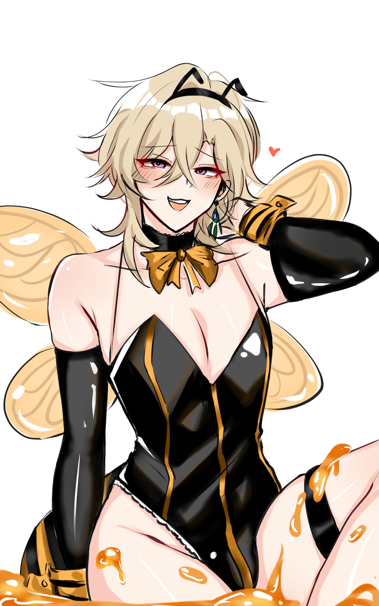 a digital illustration of a cute anime girl with blonde hair. she is wearing a black and yellow beethemed outfit with wings. her hair is styled with cat ears. she is smiling and has a light blush on her cheeks. she appears to be covered in honey and has a playful expression on her face.