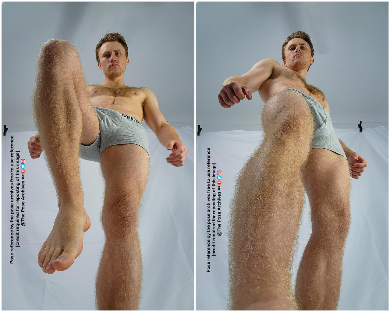 two lowangle shots of a caucasian man with auburn hair wearing grey boxer briefs. he is standing with one leg raised and his fists clenched.  the background is a simple white wall. the lighting is soft and diffused.