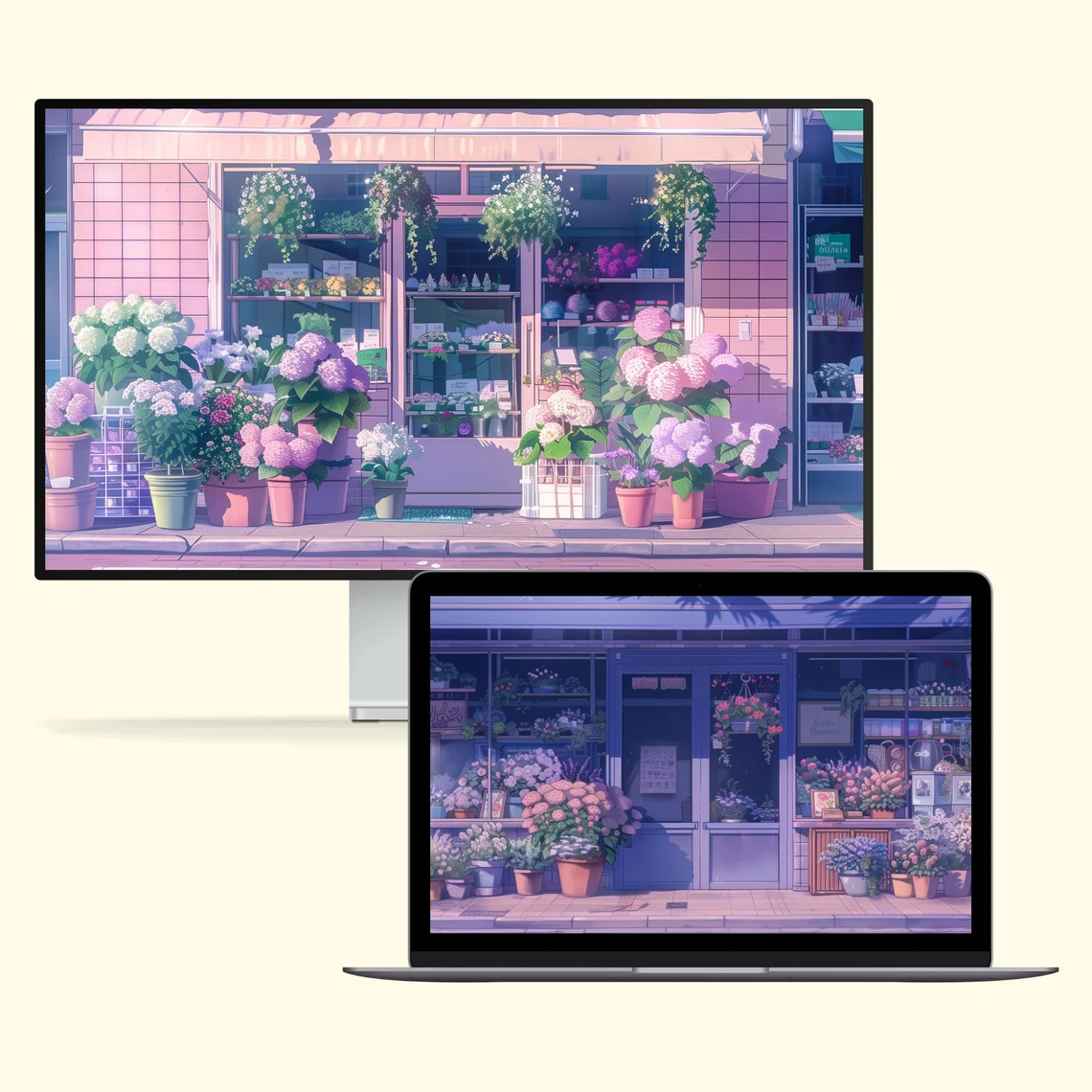an illustration of a flower shop storefront with pink flowers in pots outside. the image has a soft, pastel color palette and is in an anime style. the image is shown on a desktop monitor and a laptop screen.