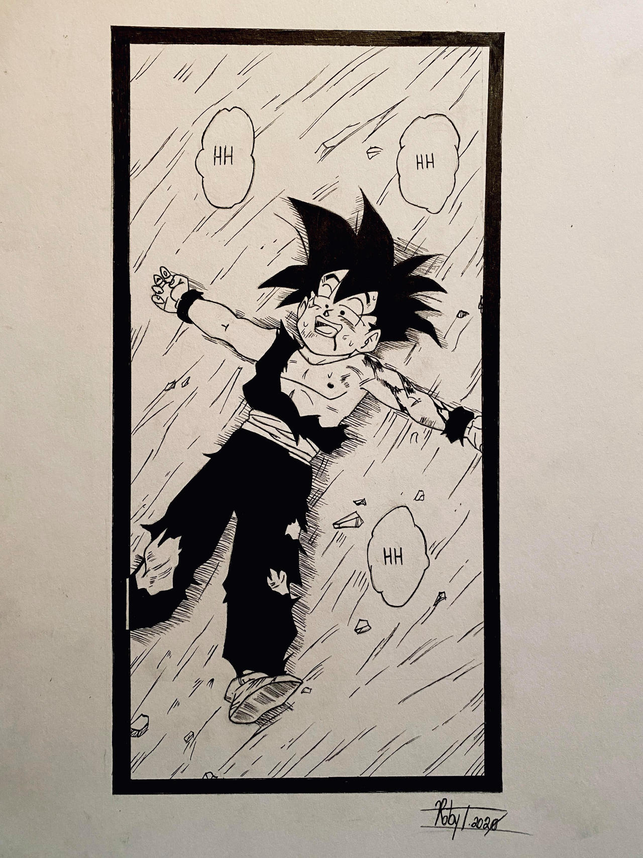 a black and white drawing of a young goku from the dragon ball anime/manga lying dead in the rain. he's dressed in his fighting gi, which is torn and tattered. his eyes are closed and his body is riddled with wounds. the rain falls heavily around him, creating a dramatic and somber atmosphere. the drawing is highly detailed, capturing the emotion of the scene effectively.