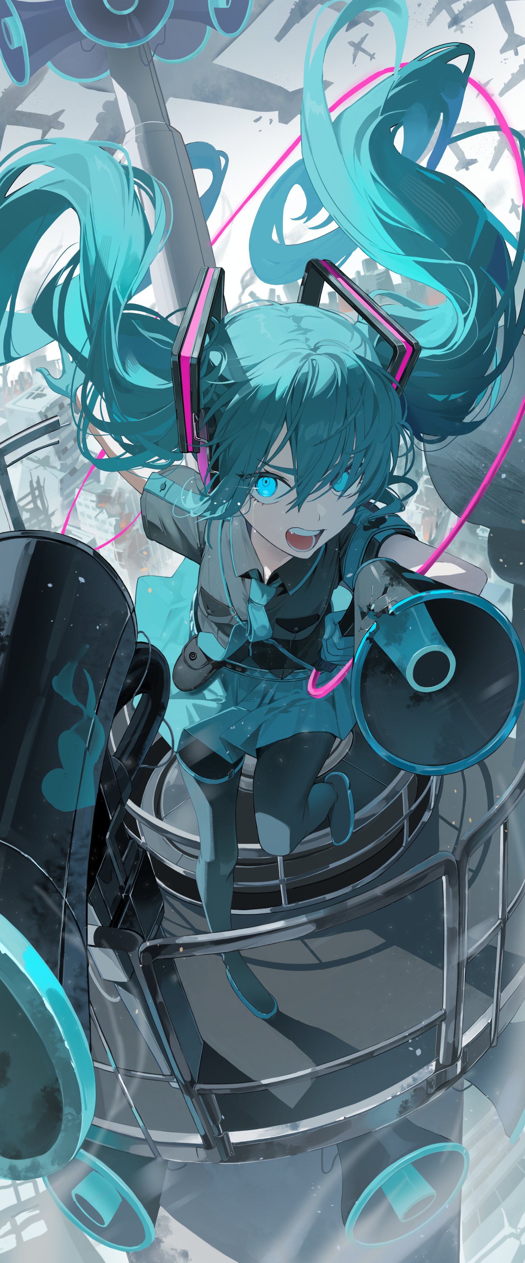 this is a dynamic digital illustration featuring hatsune miku, a popular vocaloid character.  she's depicted in a vibrant, stylized anime/manga style, with flowing teal hair and bright blue eyes. miku is wearing headphones and holding a megaphone, suggesting a powerful announcement or performance. the background is a futuristic, almost cyberpunkesque setting with machinery and airplanes, emphasizing a sense of speed and energy. the overall style is energetic and highly saturated in color, creating a visually striking image.