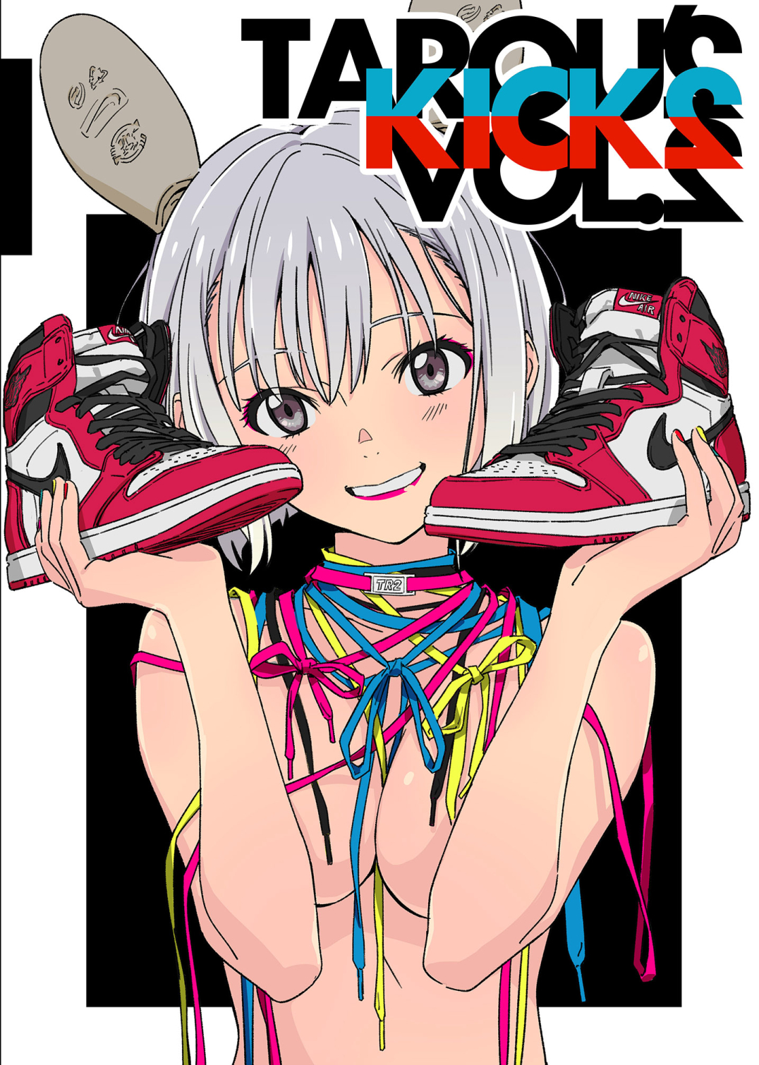the image is a vibrant illustration from a mangastyle graphic novel called "tarou's kicks vol.2". it features a young anime girl with short, silver hair. she is holding a pair of red and white nike air jordan 1 sneakers in each hand. numerous brightly colored shoelaces are wrapped around her neck and arms, creating a visually striking and playful effect. the girl's expression is cheerful, and her partially exposed breasts are visible. the background is black with the title of the graphic novel written in large stylized letters. the overall style of the art is bold, graphic, and combines elements of anime, fashion, and streetwear culture.