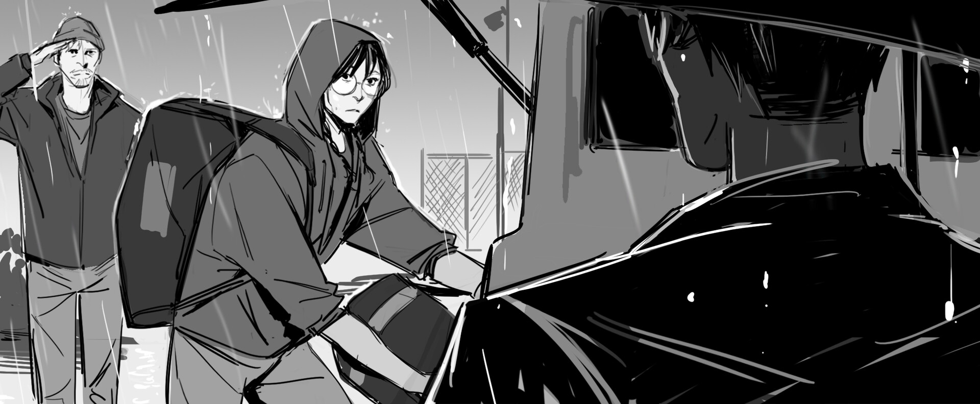 the image is a black and white storyboard sketch depicting a scene in the rain. two men are visible; one is saluting while the other, wearing a hood and glasses, is loading something into a vehicle. the scene is set in what appears to be an urban environment with a chainlink fence in the background.  the style is loose and expressive, typical of a storyboard sketch meant to convey the mood and action of a scene. the rain is depicted with lines suggesting its fall. the focus is on the interaction between the men and the vehicle in the downpour.