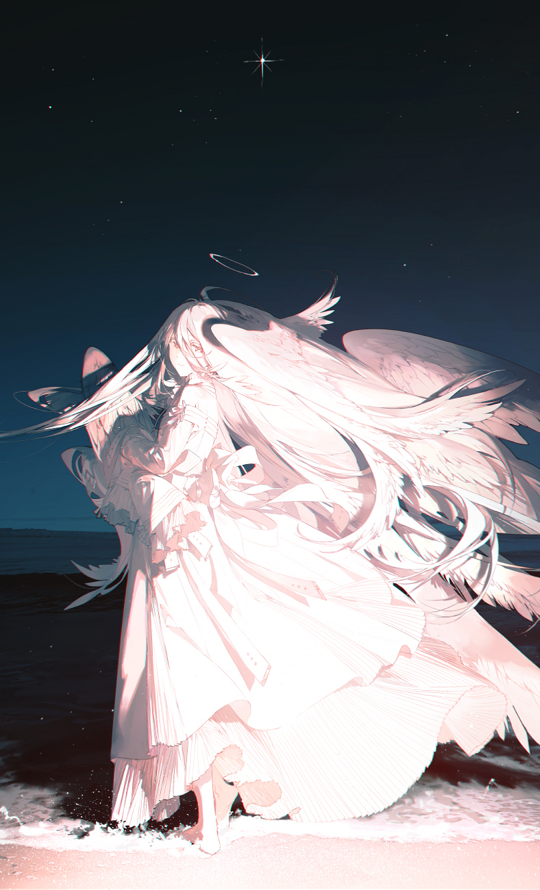 the image shows an animestyle illustration of a female angel standing barefoot on a beach at night. she is wearing a long, flowing white dress and has large, feathered wings. a halo hovers above her head. the background features a dark blue night sky with a single, bright star and a faint horizon line where the ocean meets the sky. the angel appears to be looking upwards towards the star. the scene has a dreamlike and ethereal quality.