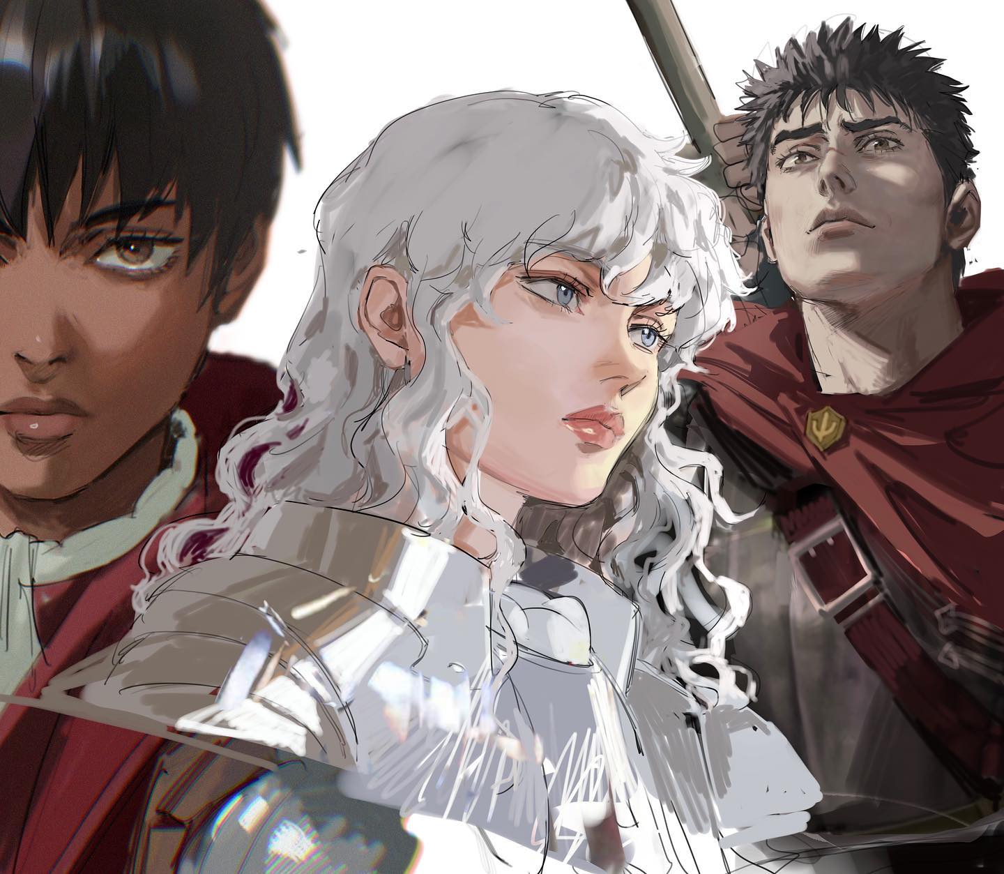 a digital drawing featuring three characters from the popular manga and anime series berserk. from left to right: isidro, a young boy training to be a swordsman; casca, a skilled warrior and guts' lover; and guts, the black swordsman, a brooding mercenary seeking revenge against demons. the image focuses on their faces and upper bodies, highlighting their distinct features and expressions.