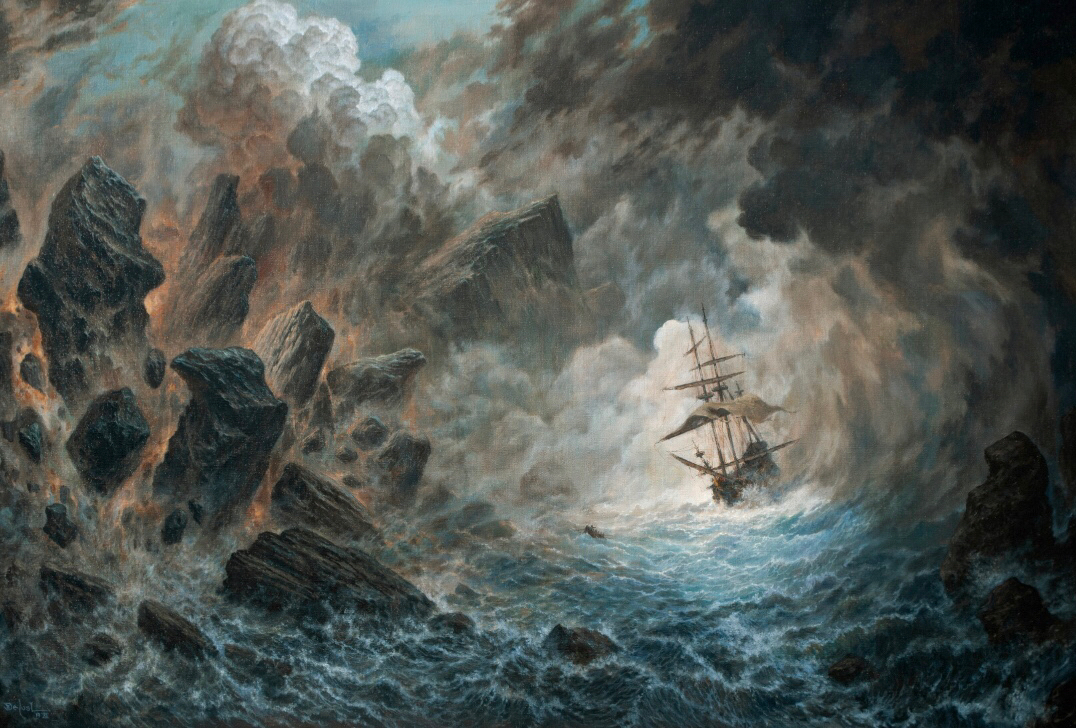 a large ship is being tossed about on a stormy sea.  dark, ominous clouds fill the sky. on the left side of the image, large, dark rocks are burning, with bright flames licking at the sky.  to the right of the ship, a small rowboat battles the waves.