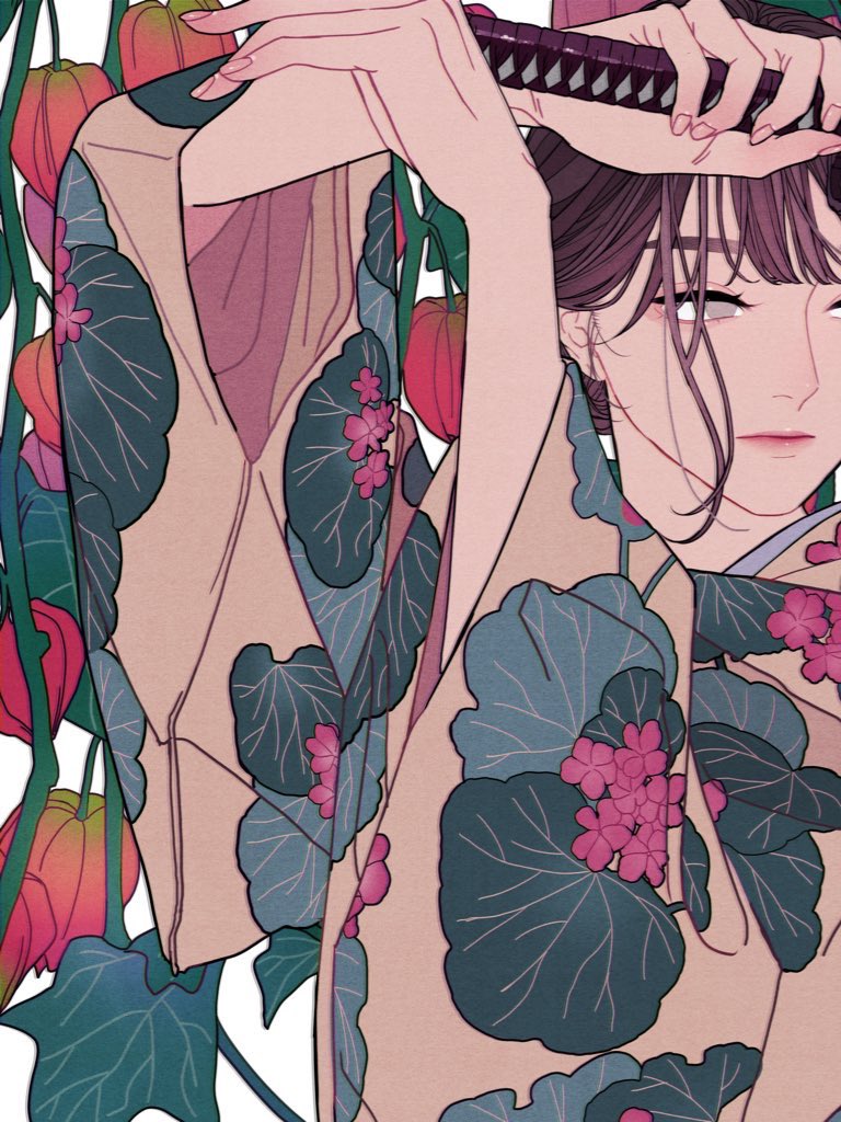 the image is an illustration of a woman wearing a kimono with a floral pattern, holding a sword. the style is reminiscent of japanese art, with a focus on delicate lines and soft colors. the woman's expression is serene and contemplative. there are also flowers and foliage in the background, creating a sense of nature and tranquility.